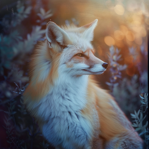Ein Portrait von einem Fuchs der nach rechts schaut umgeben von von Gebüsch oder Sträuchern, ein oranges licht liegt auf ihm