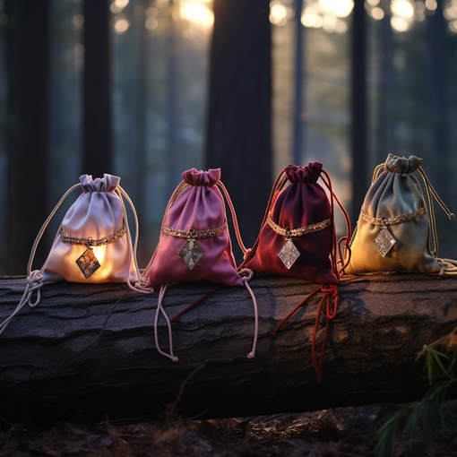 Vier farbige Kordelzugbeutel mojo bag liegen an einem Baumstamm im Wald, im Stil von Porträts mit sanfter Beleuchtung, Wahrsagungsobjekten, Talismane und Amuletten, helles Gold und helles Karmesinrot, aufgenommen auf 70 mm, Fawncore, exquisite Beleuchtung