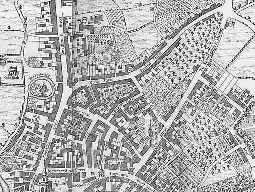 Westley's map of 1731, oriented with West at the top where Hinklys can be made out on the allotments plots.