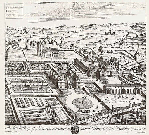 Castle Bromwich Hall by Henry Beighton from William Dugdale 1730 Antiquities of Warwickshire, now in the public domain. The picture must have been completed before the rebuilding of the church was finished. It shows the stone chancel not encased in brick.