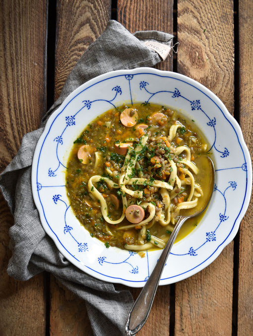 Linsen Eintopf mit Spätzle und Würstchen wie von Omi, vegetarisch, vegan machbar, Thermomix