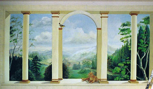 Trompe l'oeil painting of columns, animals and a landscape