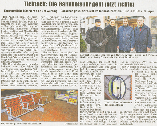 Bad Nauheim: Die Bahnhofsuhr geht jetzt richtig, Artikel und Fotos: Petra Ihm-Fahle, WZ, 28.12.2012