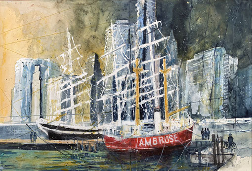 New York_ Pier 17, Museumshafen_ Mixed-Media Aquarell 38x56cm_4-2024