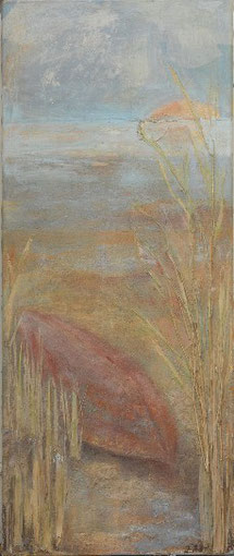 Keel up 1 Marsh of the Weser, 2003 _____ 120x50 acrylic, paper, sand, grass on cotton