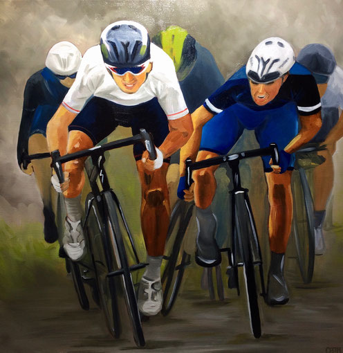 Les cyclistes 2, huile sur toile 80x80, 2017 (vendu )