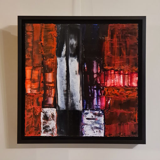 Titel: Reflections in red, 30 x 30 cm olie op karton, januari 2021, Prijs € 275,-.