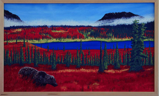 Bild:Indian,Summer,Sommer,Spätsommer,Alaska,Weiden,Rot,Grün,Tannen,See,blau,Nebel,Berge,Bär,Summit Lake,Denali,Kenai,Grizzly,Kluane,,d-t-b.ch,d-t-b,David Brandenberger,Biber,dave the beaver,Ölbild,Malerei,Ölfarbe,