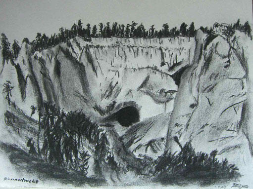 Kohlezeichnung von der Rheinschlucht, Ruina Aulta, unterhalb von Flims mit einer Naturhöhle.