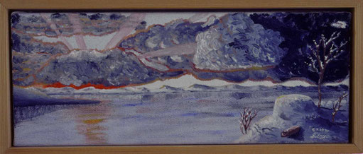 Bild: Erster Schnee,Ölbild,Schnee,Virihaure,See,Wolken,Sonne,Sonnenstrahlen,Sonnenuntergang,verschneit,gemalt,Schweden,Lappland,Padjelanta,Nationalpark,David Brandenberger,Biber,d-t-b.ch,