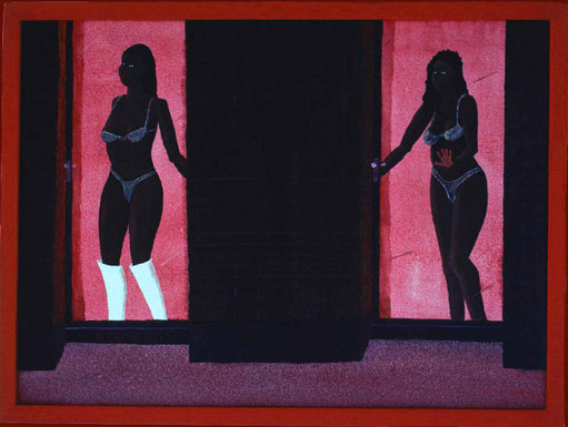 Bild: Amsterdam,Ölbild,Prostituierte,Frauen,Nutte,Hure,Unterwäsche,Halbnackt,dunkelhäutig,Fenster,Strasse,Türe,Kreuzigung,Jesus am Kreuz,Jesus,Gleichnis,Ehebrecherin,Leuchtfarbe,Neonröhre,Rotlicht,Millieu,David Brandenberger,Biber,d-t-b.ch,