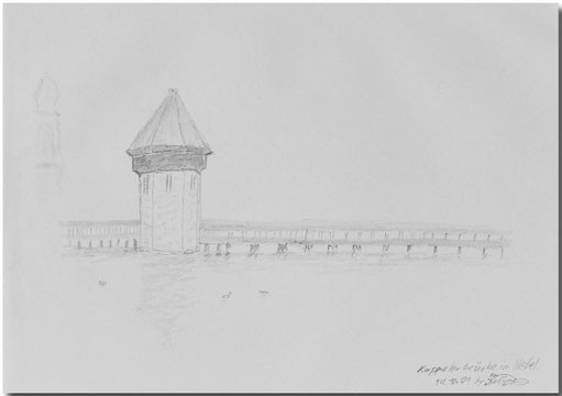 Bild:Kappelerbrücke,Nebel,Luzern,Bleistift,Skizze,David Brandenberger,d-t-b.ch,d-t-b,