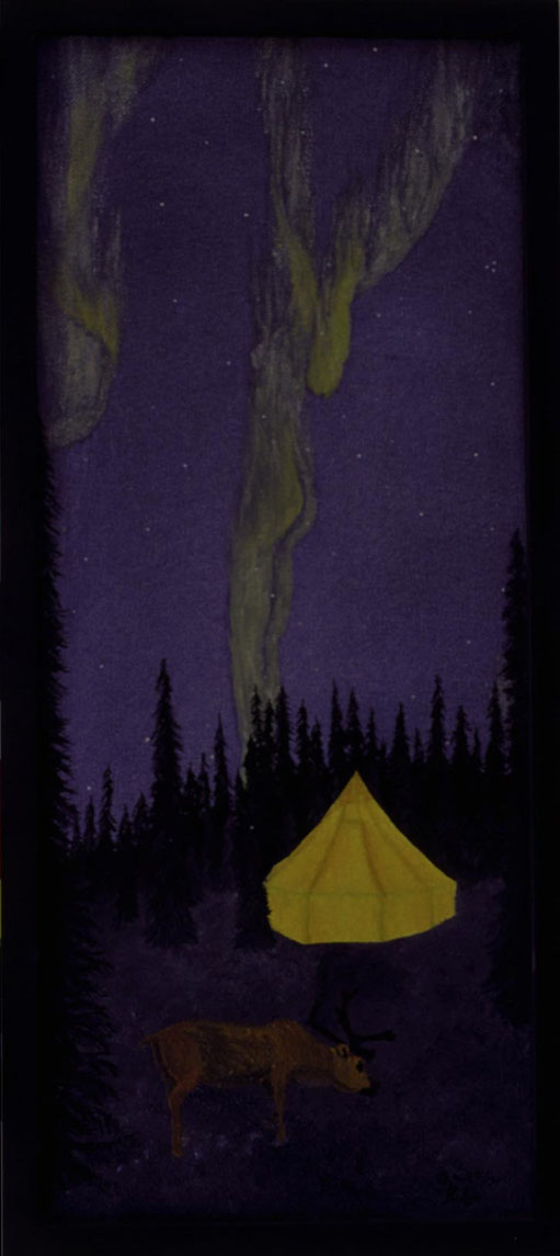Bild: Climax,Ölbild,gemalt,Doppelbild,Nordlicht,Rentier,Zelt,Winter,Schnee,Nacht,Wald,Frau,Akt,Lappland,Geheimnis,Versteck,David Brandenberger,Biber,d-t-b.ch,