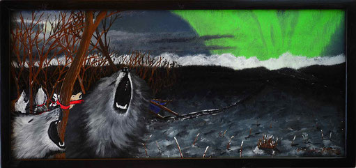 Bild:Nordlicht,Musher,disaster,Desaster,Hunde,Schlitten,Katastrophe,Wald,Mond,Wolken,Winter,Schnee,d-t-b.ch,d-t-b,David Brandenberger,Biber,dave the beaver,Ölbild,Malerei,Ölfarbe,