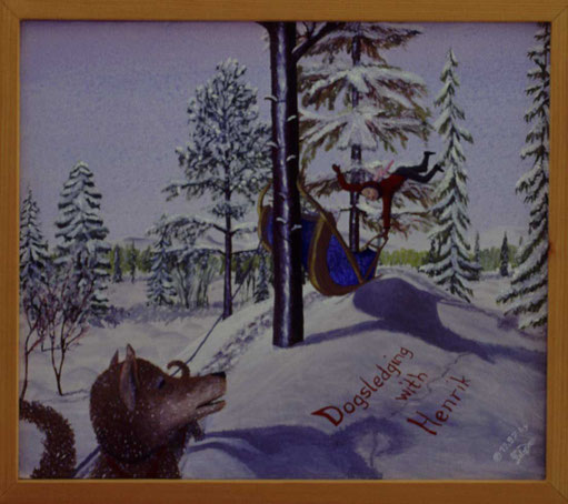 Bild: Dogsledging with Henrik,Ölbild,Husky,Wald,Hundeschlitten,Unfall,Schnee,Bäume,Tag,lustig,David Brandenberger,Biber,d-t-b.ch,