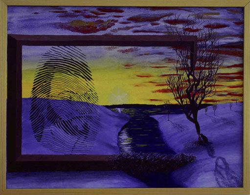 Bild: Fingerprint,Ölbild,Fingerabdruck,Portrait,Landschaft,Schnee,See,Biberbau,Baum,Akt,Frau,Nackt,Doppelbild,Bilderrahmen,gemalt,Wolken,Sonnenuntergang,Sonne,Hand,geborgen,David Brandenberger,Biber,d-t-b.ch,