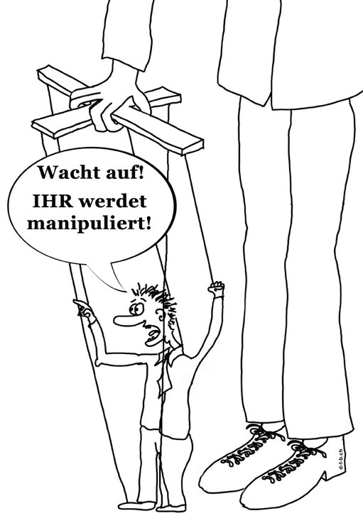 Cartoon mit Mann an Puppenfäden.