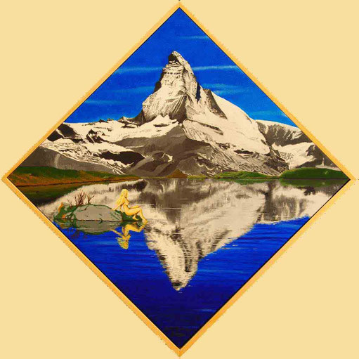 Bild:Matterhorn.Berg,Stellisee,See,Quadrat,Ecke,Pyramide,Akt,Frau,Blond,Spiegelung,d-t-b.ch,d-t-b,David Brandenberger,Biber,dave the beaver,Ölbild,Malerei,Ölfarbe,