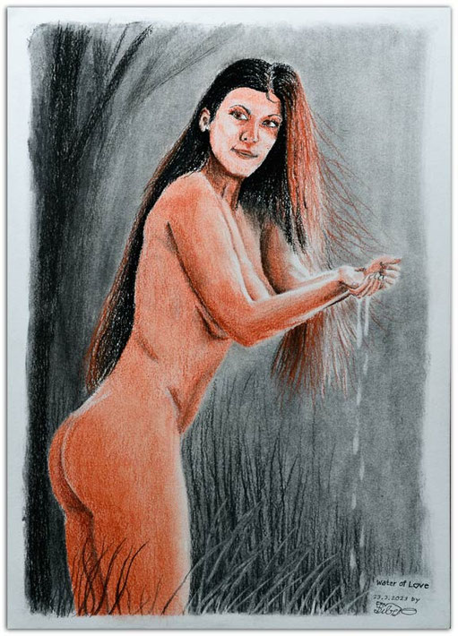 Rötelzeichnung mit nackter Frau