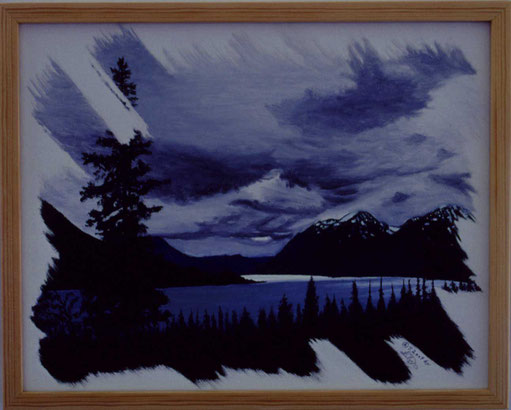 Bild:Tutshi,Lake,See,British Columbia,Kanada,Whitehorse,Skagway,Gewitter,Wolken,Berge,Tannen,Pinsel,d-t-b.ch,d-t-b,David Brandenberger,Biber,dave the beaver,Ölbild,Malerei,Ölfarbe,
