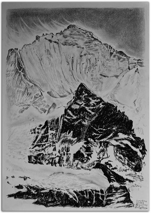 Kohlebild vom Berg Jungfrau in der Schweiz