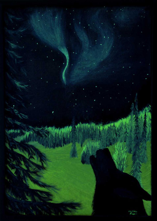 Bild:Breaking the silence,die Stille brechen,Ölbild,Husky,Nordlicht,Aurora,Tanne,Wald,Winter,Schnee,d-t-b.ch,David Brandenberger,Biber,