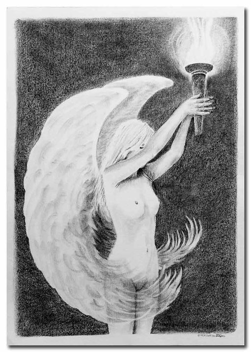 Charcoal painting of an angel holding up a torch