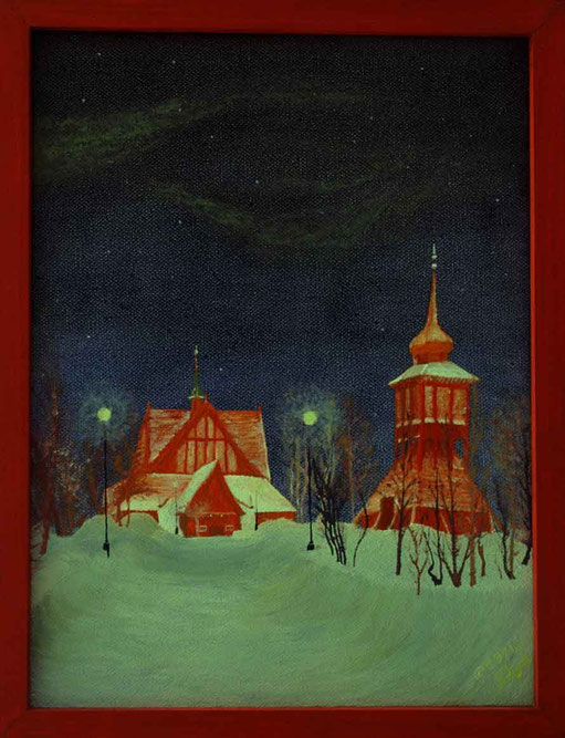 Bild: Sleeping Kiruna,Ölbild,Kiruna,Nordlicht,Kirche,Schweden,Lappland,Doppelbild,David Brandenberger,Biber,d-t-b.ch,
