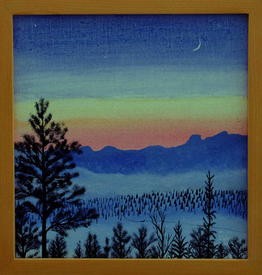 Bild: Abendstimmung,Ölbild,Dämmerung,Wald,Senke,Nebel,Berge,Hundeschlitten,Mondsichel,Norden,Lappland,David Brandenberger,d-t-b.ch,verkauft,