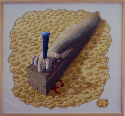 Bild:Der Nagel des Zimmermanns,Ölbild,Nagel,Arm,Holz,Hand,Blut,Steine,Boden,Zimmermann,Jesus,David Brandenberger,Biber,d-t-b.ch,