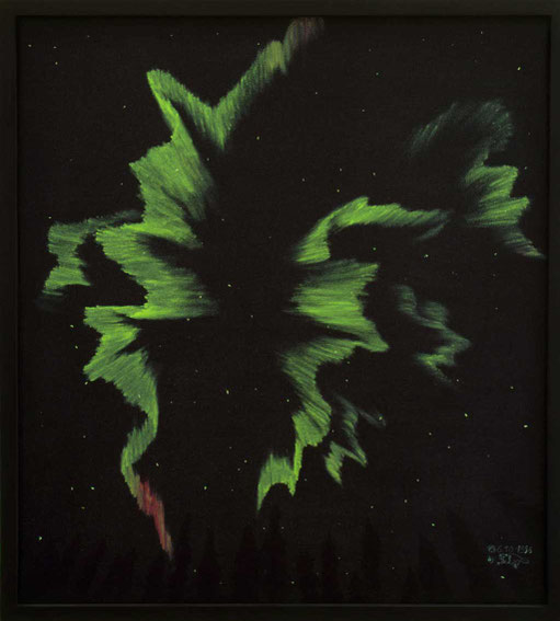 Bild:Fantastic feeling,Ölbild,Nordlicht,Wald,Himmel,Nacht,Sterne,Aurora,David Brandenberger,d-t-b.ch,Biber,