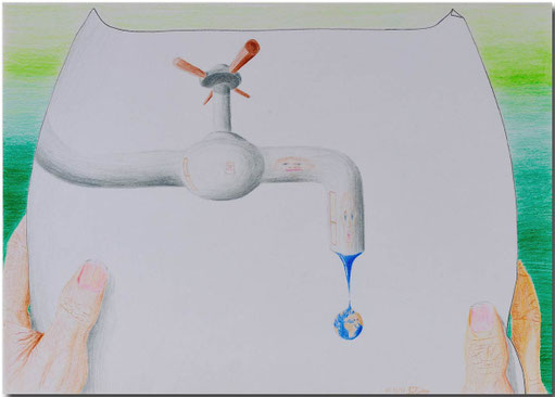 Bild:Weltanschauung,Farbstift,Wasserhahn,Tropfen,Papier,Weltkugel,Globus.Finger,David Brandenberger,d-t-b.ch,d-t-b,