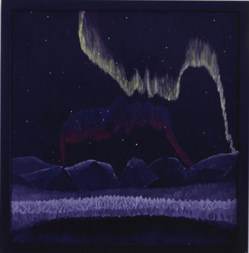 Bild:Kissing Aurora,Ölbild,Kuss,Aurora,Nordlicht,Schweden,Kebnekaise,Lappland,Nacht,Sterne,See,Berge,Doppelbild,Profil,David Brandenberger,Biber,d-t-b.ch,