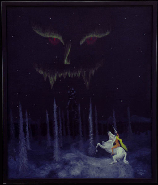 Bild: Northern mystic,Märchen,Ölbild,Nordlicht,Doppelbild,Winter,Wald,Schnee,Pferd,Frau,Fratze,Akt,Schloss,Nacht,Norden,Skandinavien,Leuchtfarbe,David Brandenberger,Biber,d-t-b.ch,