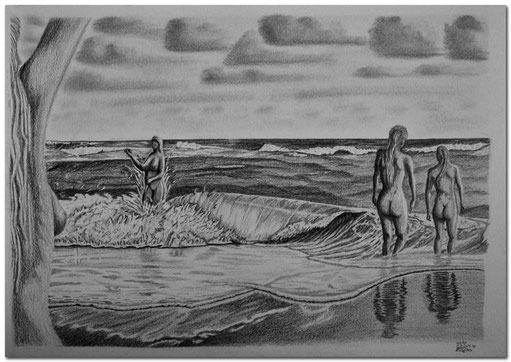 Bleistiftzeichnung von Wellen am Meer mit badenden Frauen.
