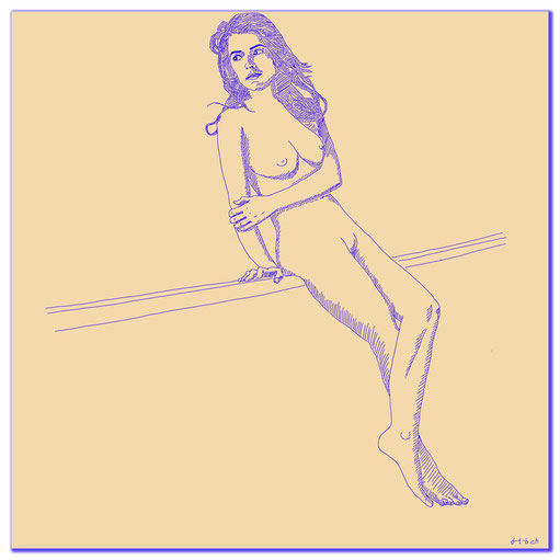 Digital Art painting of a nude woman sitting on a railing.