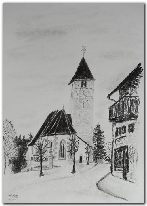 Kohle- und Bleistiftzeichnung der Kirche in Klosters.