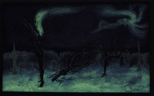 Bild:Tanzende Elfen,Elfen,Bäume,Schnee,Nordlichter,Aurora,Ölbild,d-t-b.ch,David Brandenberger,Biber,