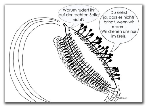 Cartoon von einem Schiff, das im Kreis rudert.