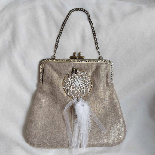 Pochette sac rétro fermoir attrape rêve lin doré plumes cygne mariage fait main l'Arche de jessica