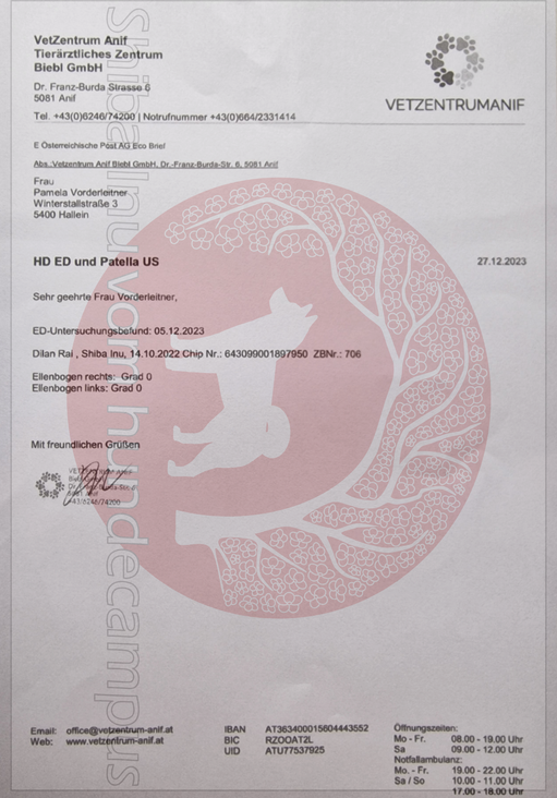 ED-Gutachten, Vetzentrum Anif, Zuchttauglichkeitsuntersuchung 
