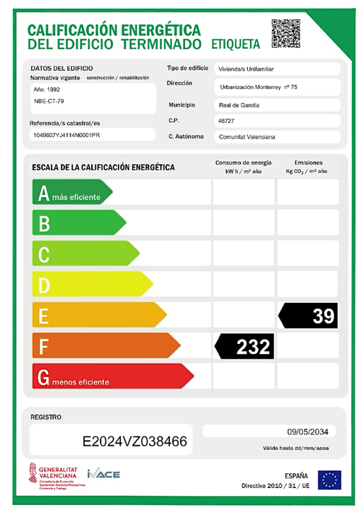 Energie-Zertifikat für Villa Gandia Hills mit Ferienwohnung Valencia, gültig bis 09/05/2034