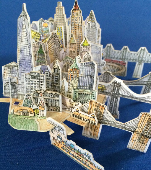 Ein dreidimensionales Modell von Manhatten (New York) und den Brücken nach Brooklyn. Alle Teile sind gezeichnet, auf dünne Pappe gedruckt und ausgestanzt. Sie passen in eine Streichholzschachtel.