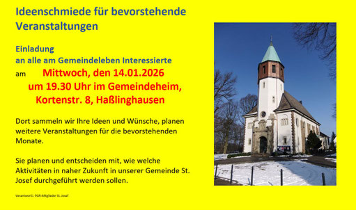 Plakat mit Einladung zum Planungstreffen am 14.01.2026 um 19:30 Uhr und Foto der Kirche St. Josef im Winter