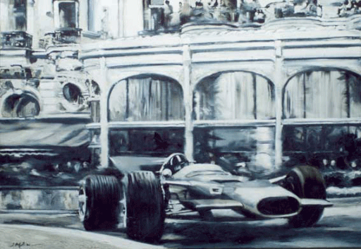 GRAHAM HILL SU LOTUS 49. GP DI MONACO 1969.Olio su tela (2006). Collezione privata.