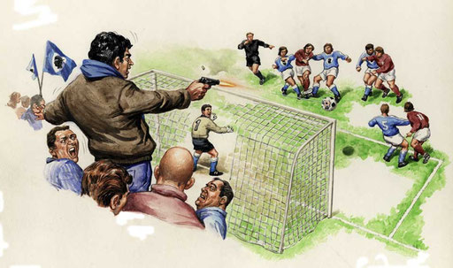 SPARA ALLA PALLA PER IMPEDIRE IL GOAL E CI RIESCE: E' ACCADUTO IN FRANCIA, di A.Molino. Watercolours on paper. Da FOCUS, 2009