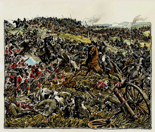 LE CARICHE DELLA CAVALLERIA FRANCESE TRA HOUGOUMONT E LA HAYE SAINTE (da Philippoteaux), di A.Molino. Ink on paper, 2007