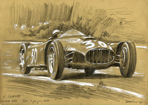 EUGENIO CASTELLOTTI SU LANCIA D50, GP DEL BELGIO 1956. Matita e biacca su carta avorio (35x25 cm), 2006.