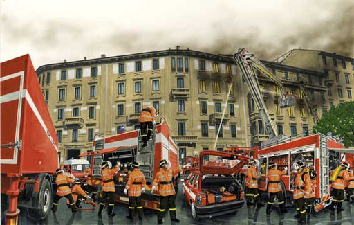 TECNOLOGIA PER LE EMERGENZE, di A.Molino. Tempera su cartone. Da FOCUS, 1995