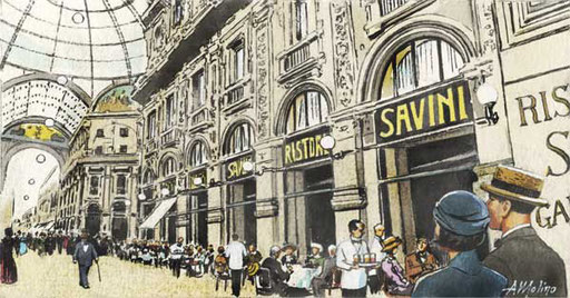 IL RISTORANTE SAVINI IN GALLERIA VITTORIO EMANUELE A MILANO, NEGLI ANNI VENTI. Tempera su cartone, 2016. Da ALIMENTAZIONE E SOCIETA'.